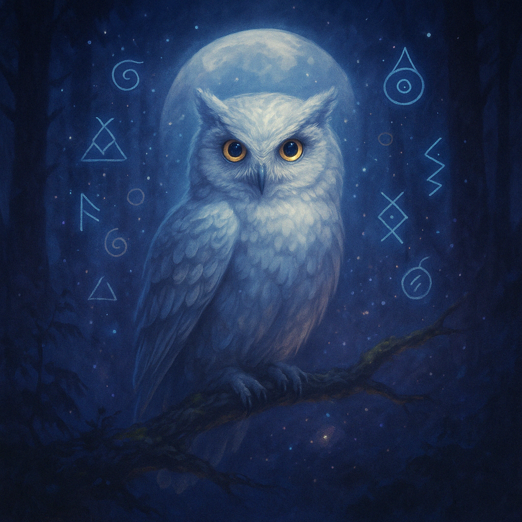 Búho místico de ojos brillantes en un bosque oscuro, rodeado de símbolos esotéricos y una luna llena que ilumina la escena espiritual