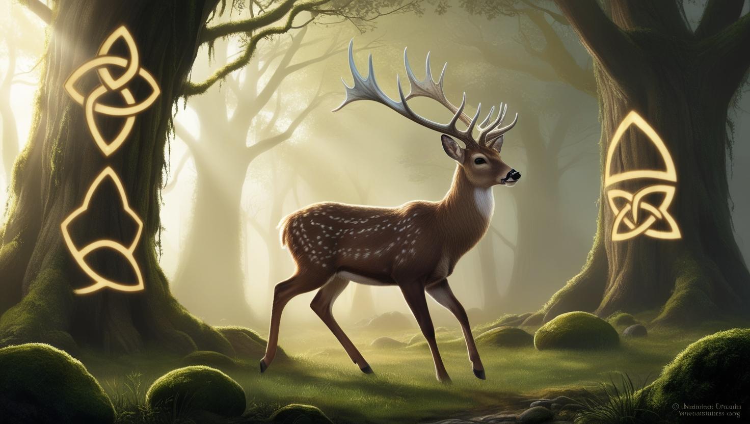 Ciervo marrón sagrado en un claro de bosque, representando pureza espiritual y conexión con lo divino