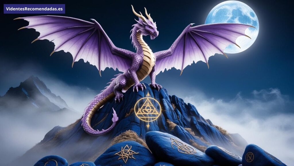 Dragón espiritual majestuoso sobre una montaña sagrada iluminada por la luna llena. Simboliza poder interior, transformación y sabiduría ancestral