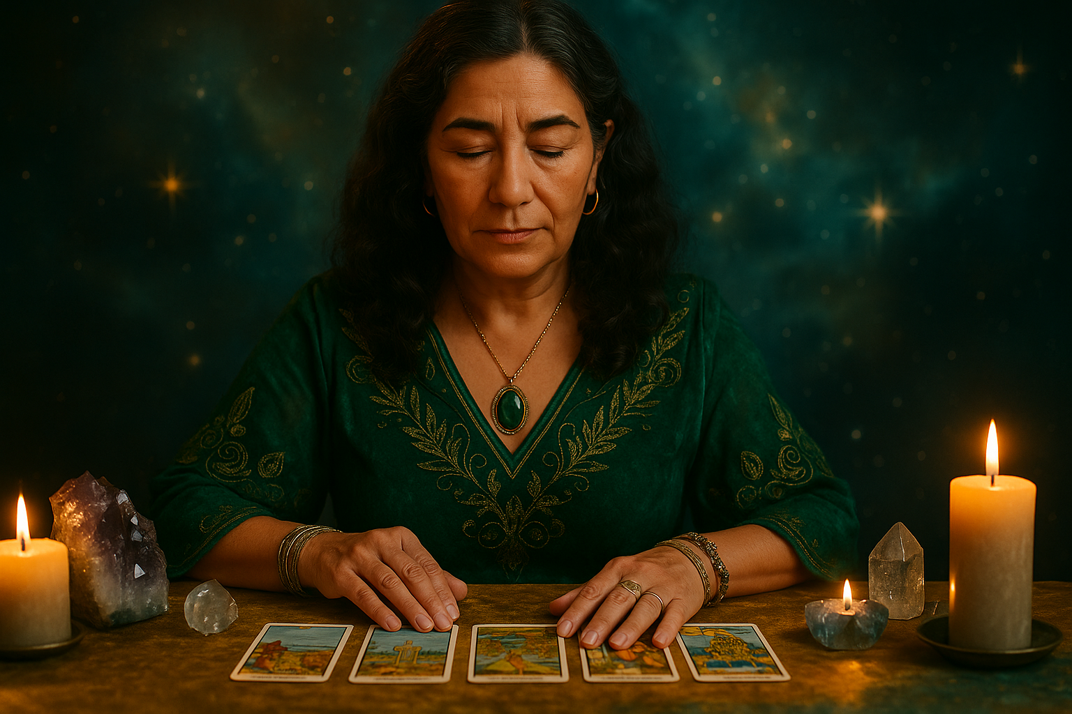 Marta, vidente, en consulta de tarot con fondo cálido y natural