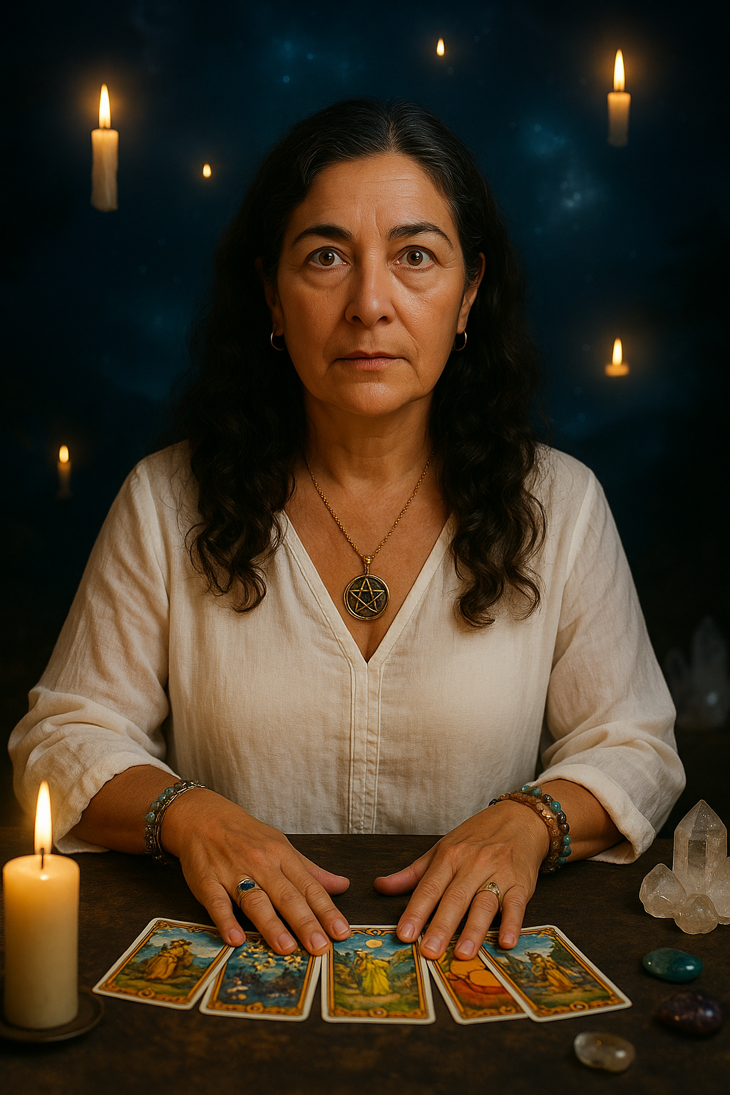 Vidente Marta mostrando una carta del tarot rodeada de símbolos místicos