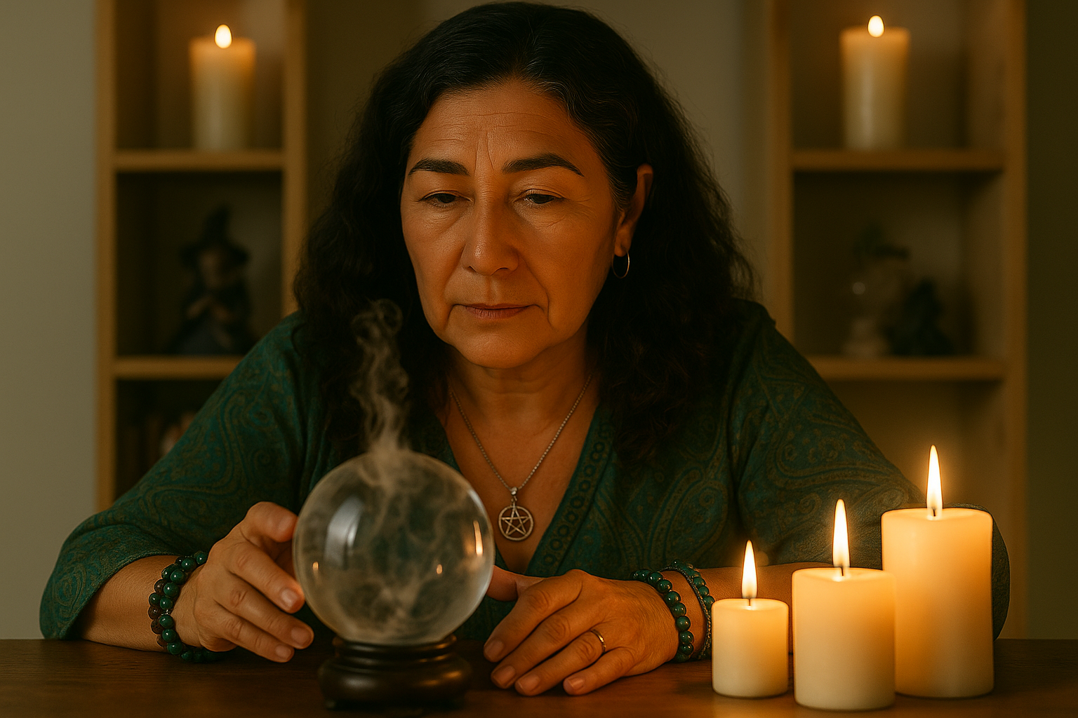 Consultas de tarot con Marta, vestida de sabiduría y energía verde