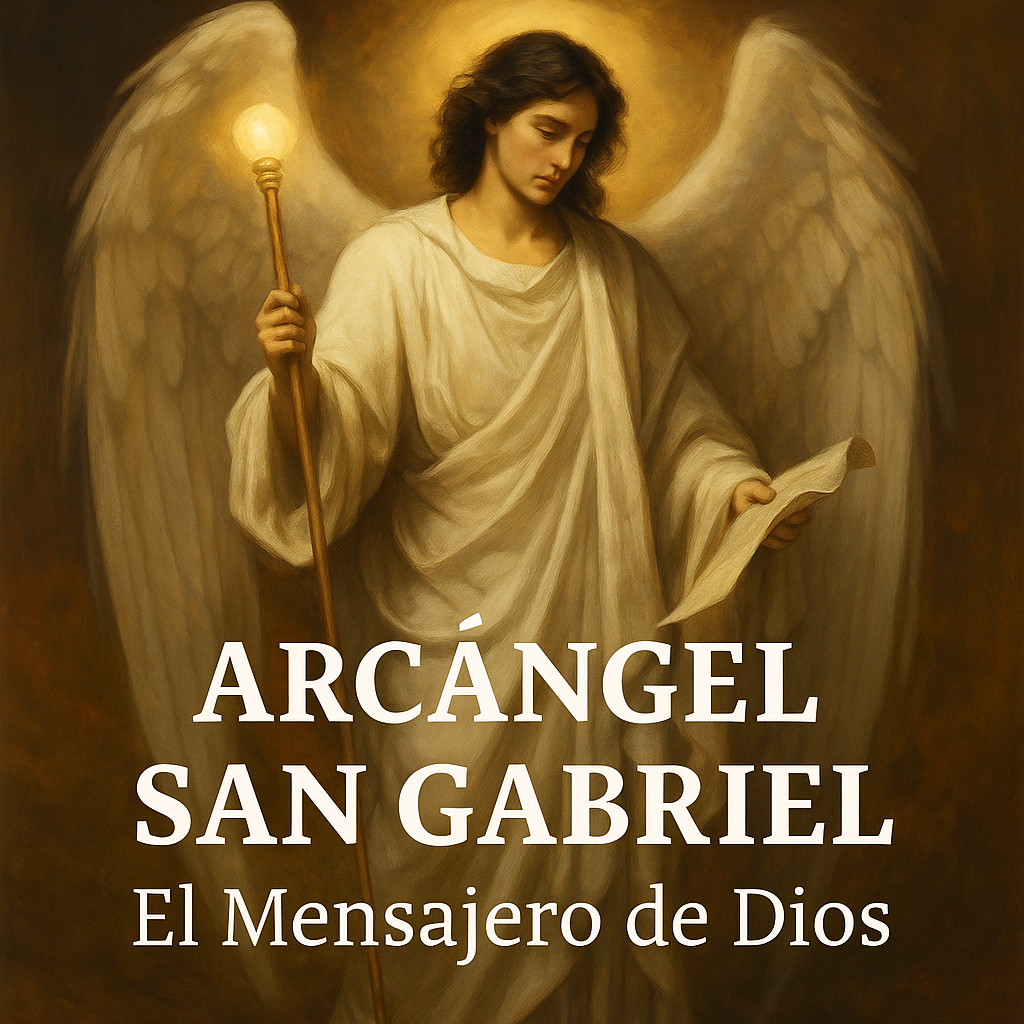 Pintura angelical de Gabriel transmetent pau i inspiració divina, amb símbols de comunicació
