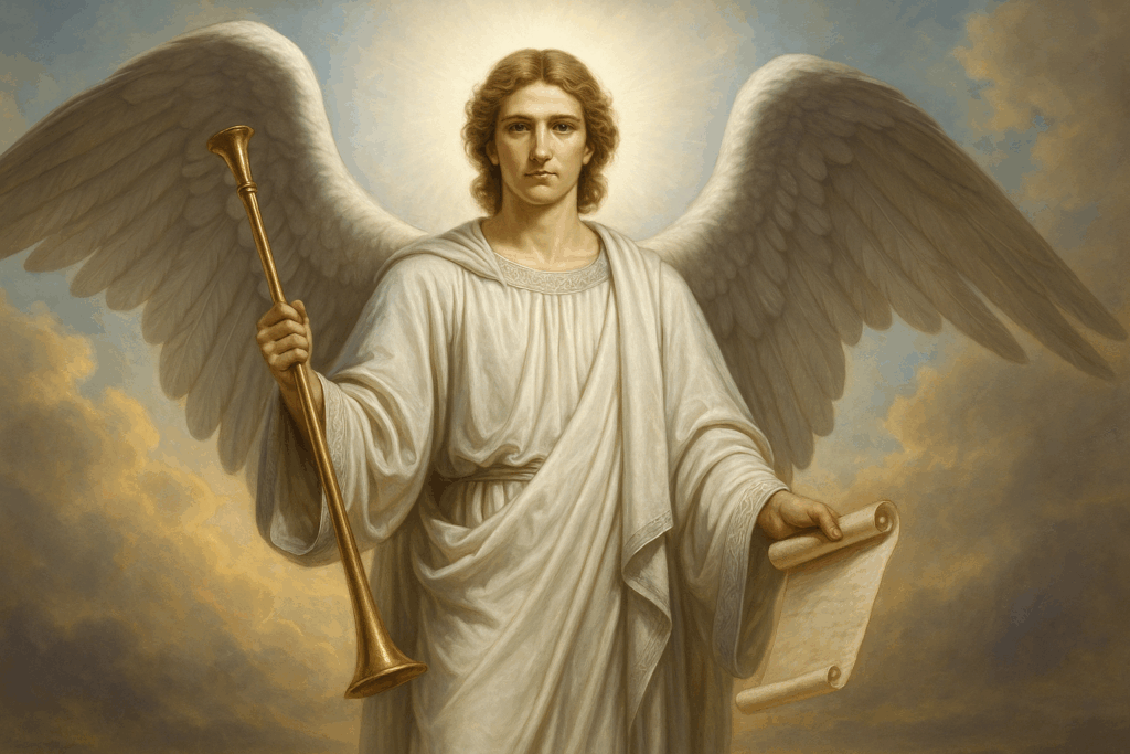 Representació celestial del Arcángel Gabriel com a missatger diví amb trompeta i llum radiant