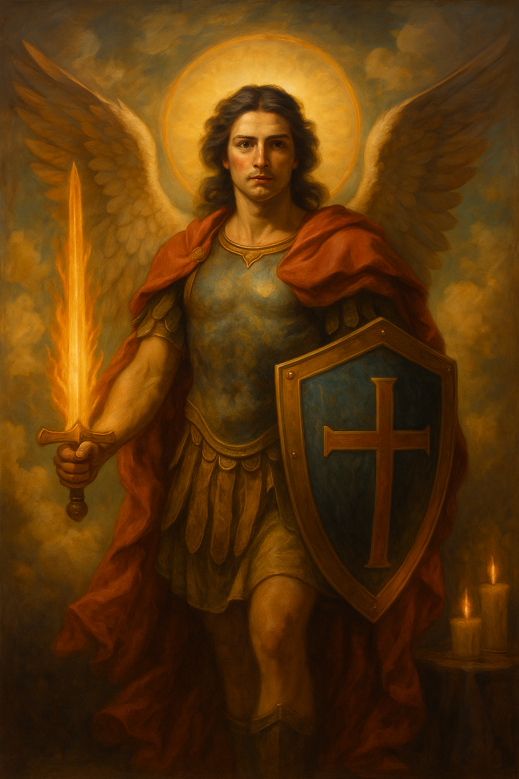 Arcángel San Miguel representado en actitud de protección, con su espada de luz y alas extendidas