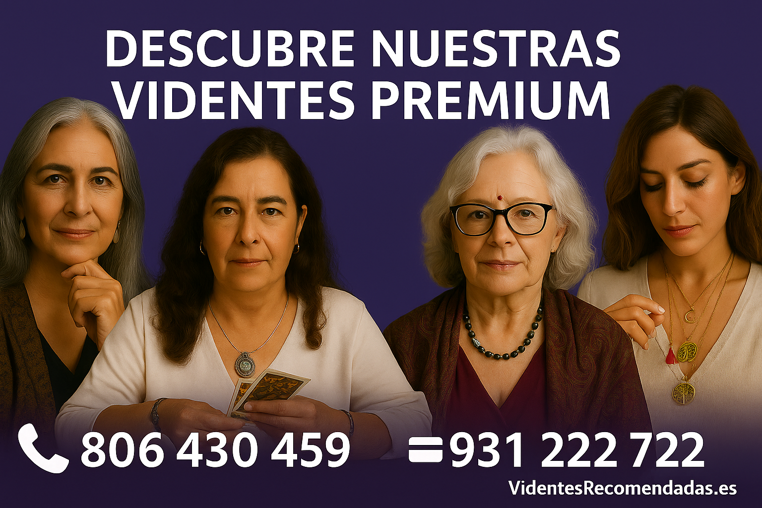 Banner con las mejores videntes premium de España, con teléfonos de contacto y enlace a videntesrecomendadas.es