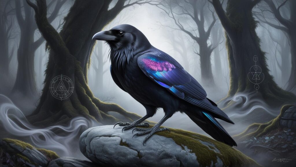 Cuervo negro brillante posado sobre una roca en un bosque brumoso. Representa introspección, sabiduría y guía espiritual
