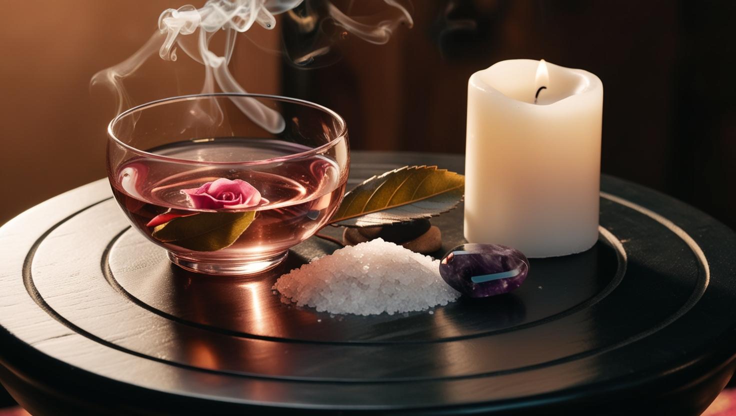 Ingredientes esotéricos sobre mesa: laurel, agua de rosas, sal marina y amatista