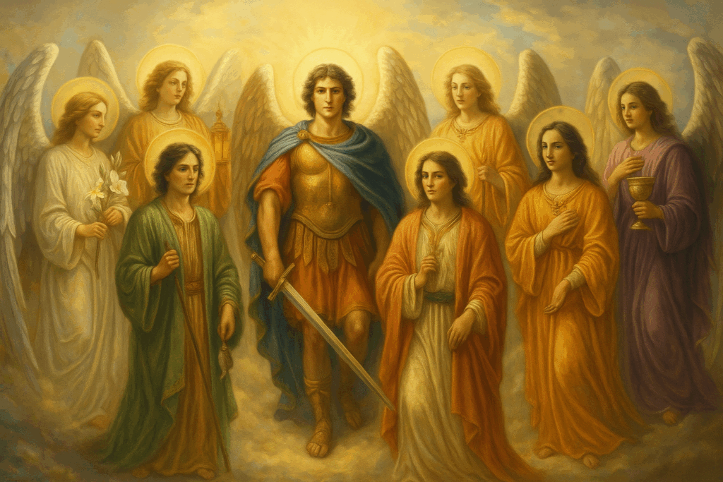 Representación celestial de los 7 arcángeles reunidos, irradiando luz divina desde lo alto