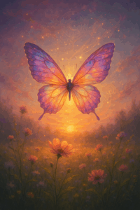 Mariposa espiritual con alas irisadas flotando sobre flores bajo luz dorada. Simboliza transformación del alma y libertad interior.