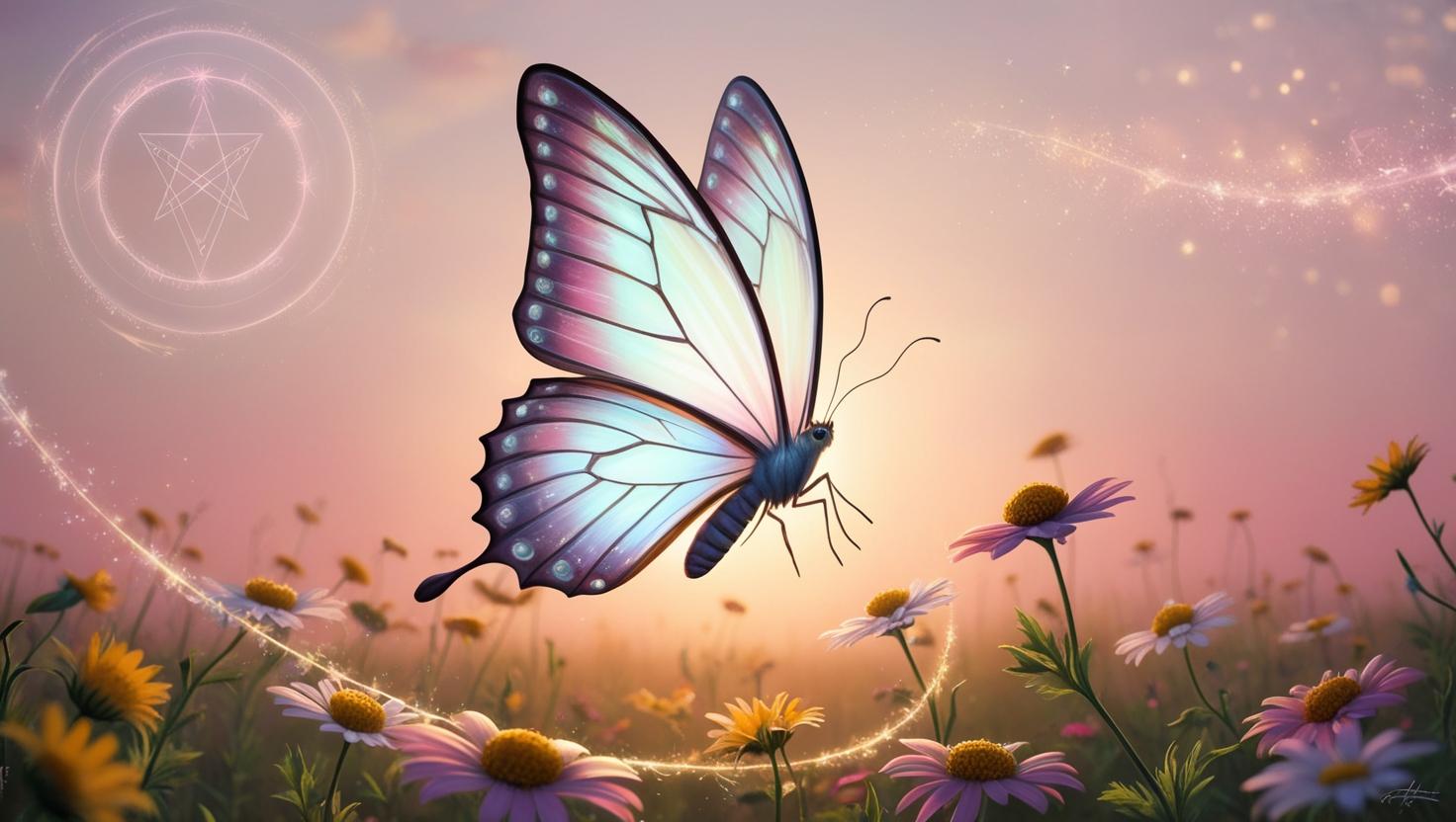 Mariposa posada suavemente sobre una mano, iluminada por luz mística. Significa guía espiritual y protección del alma