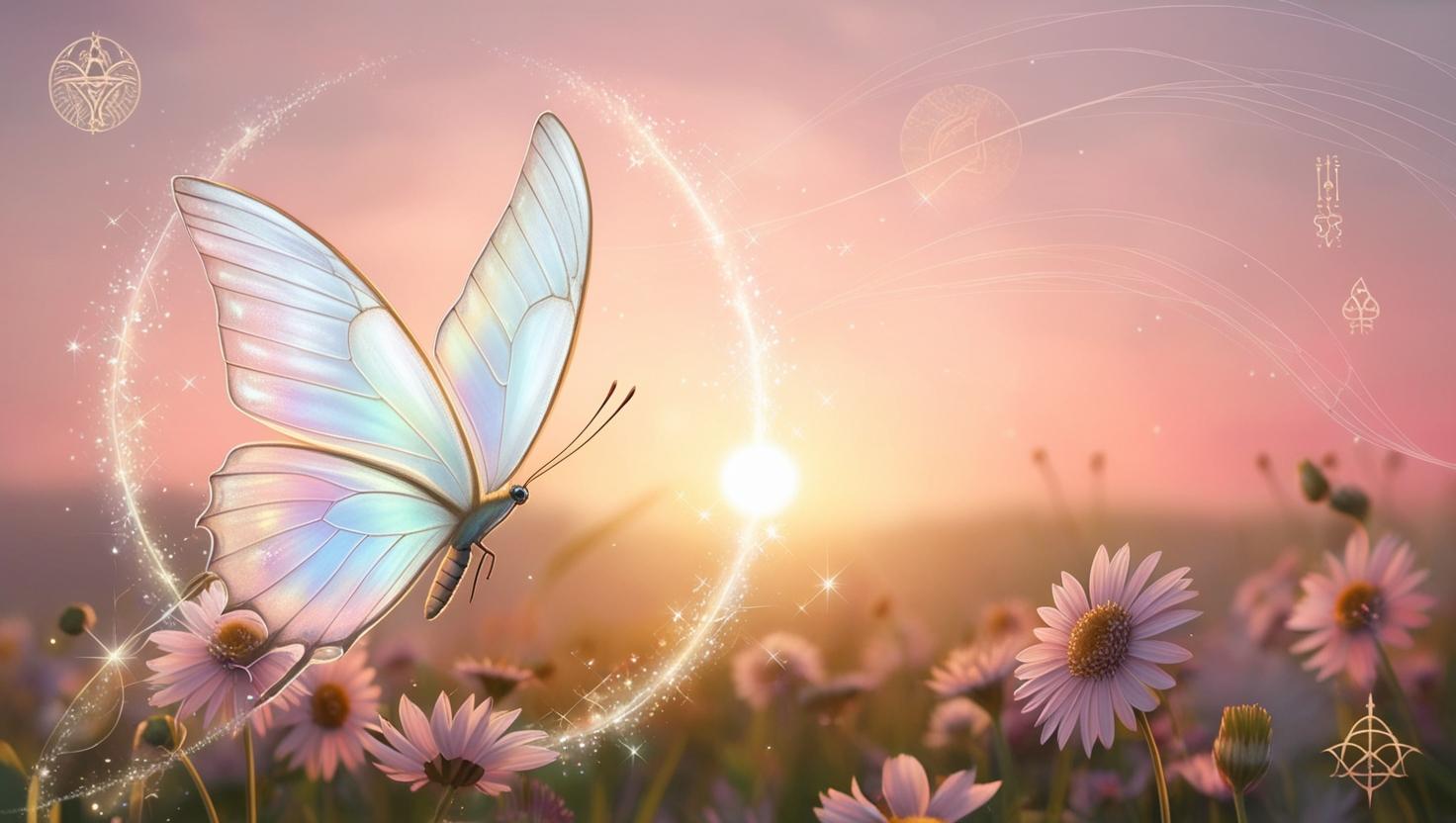 Mariposa emergiendo de su capullo con destellos mágicos, rodeada de símbolos espirituales. Representa el despertar y el nuevo comienzo.