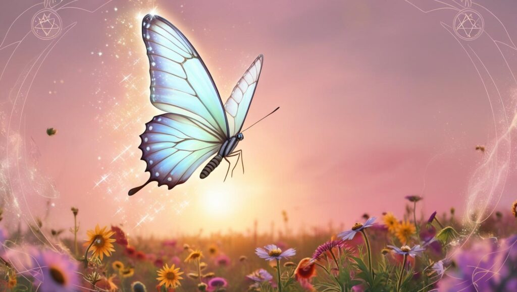 Mariposa vibrante volando entre flores al amanecer, emitiendo energía luminosa. Representa evolución personal y fluir vital