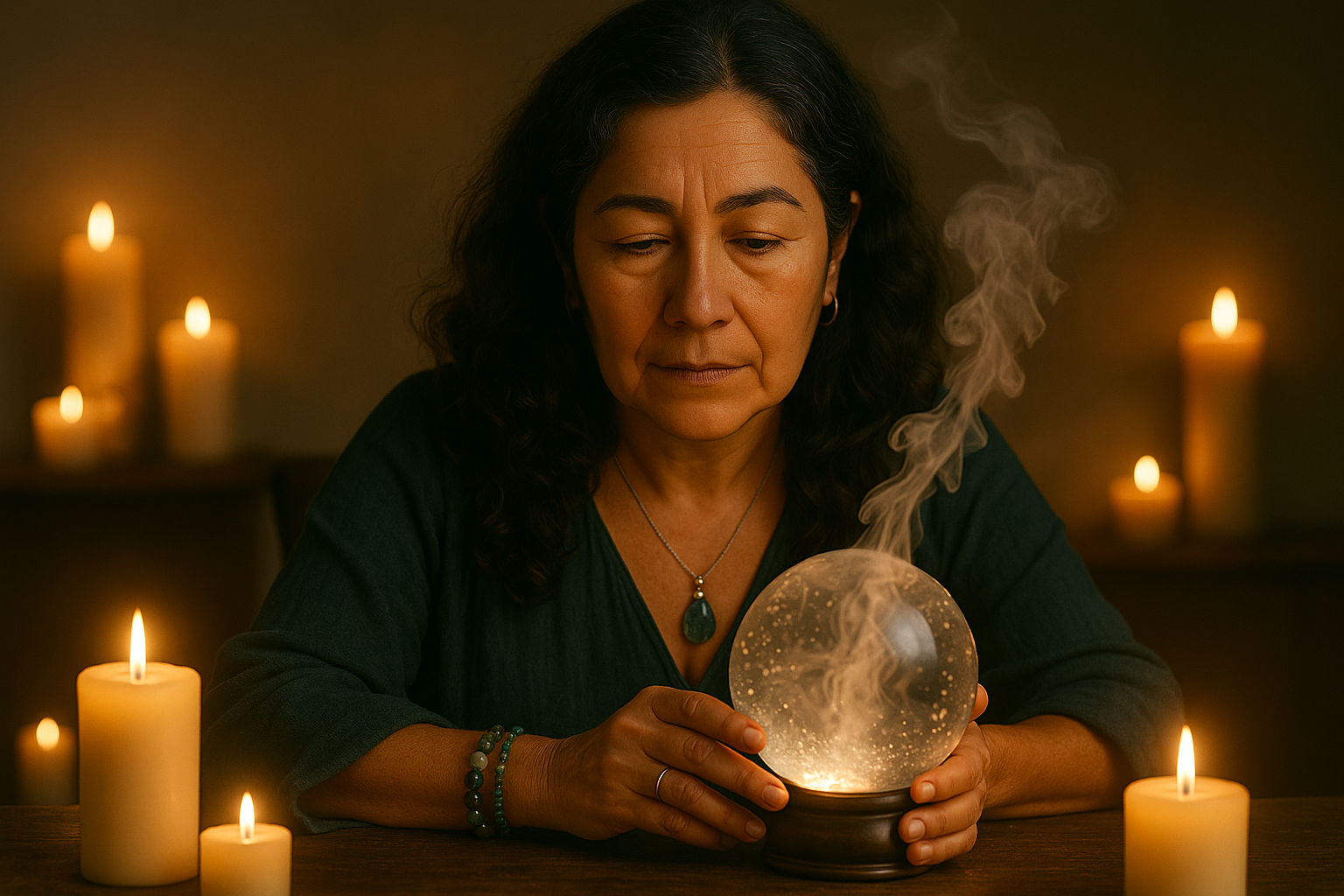 Marta sosteniendo la bola de cristal entre velas y humo mágico
