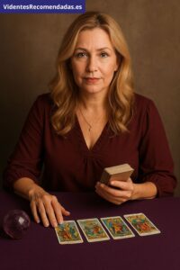 Vidente profesional leyendo el tarot con cartas detalladas