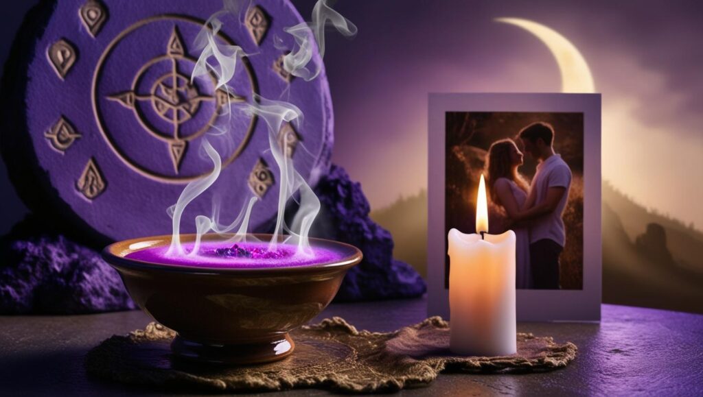Ritual esotérico con vela blanca y poción reveladora frente a fotografía de pareja