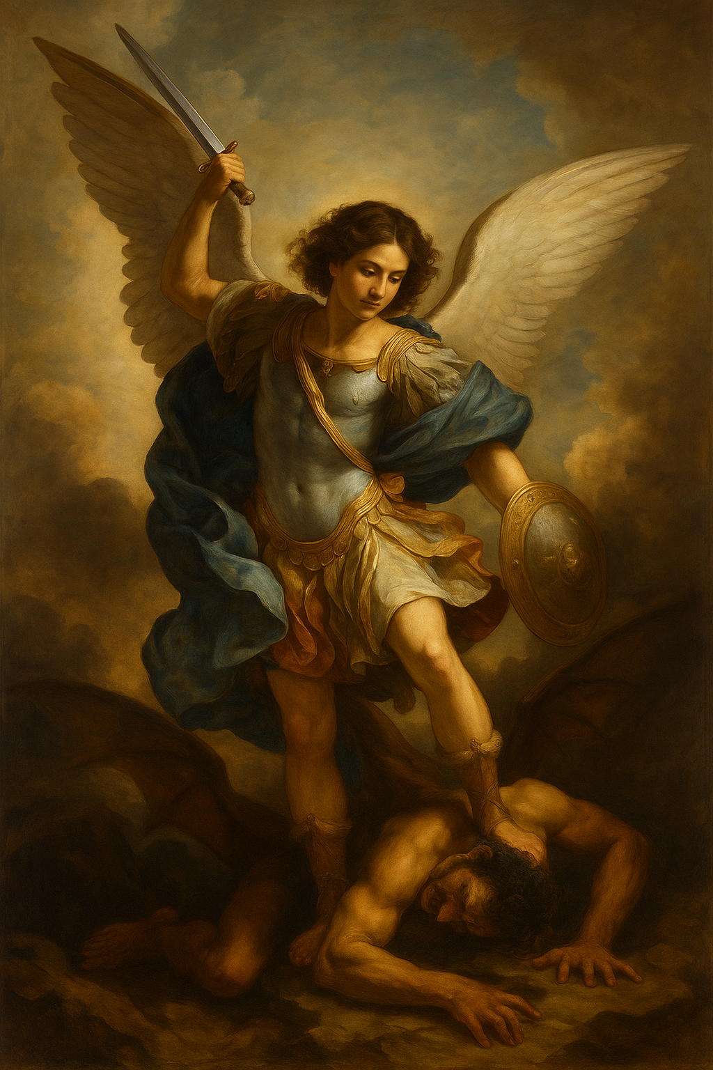 Pintura tradicional de San Miguel Arcángel derrotando al mal con su espada de fuego