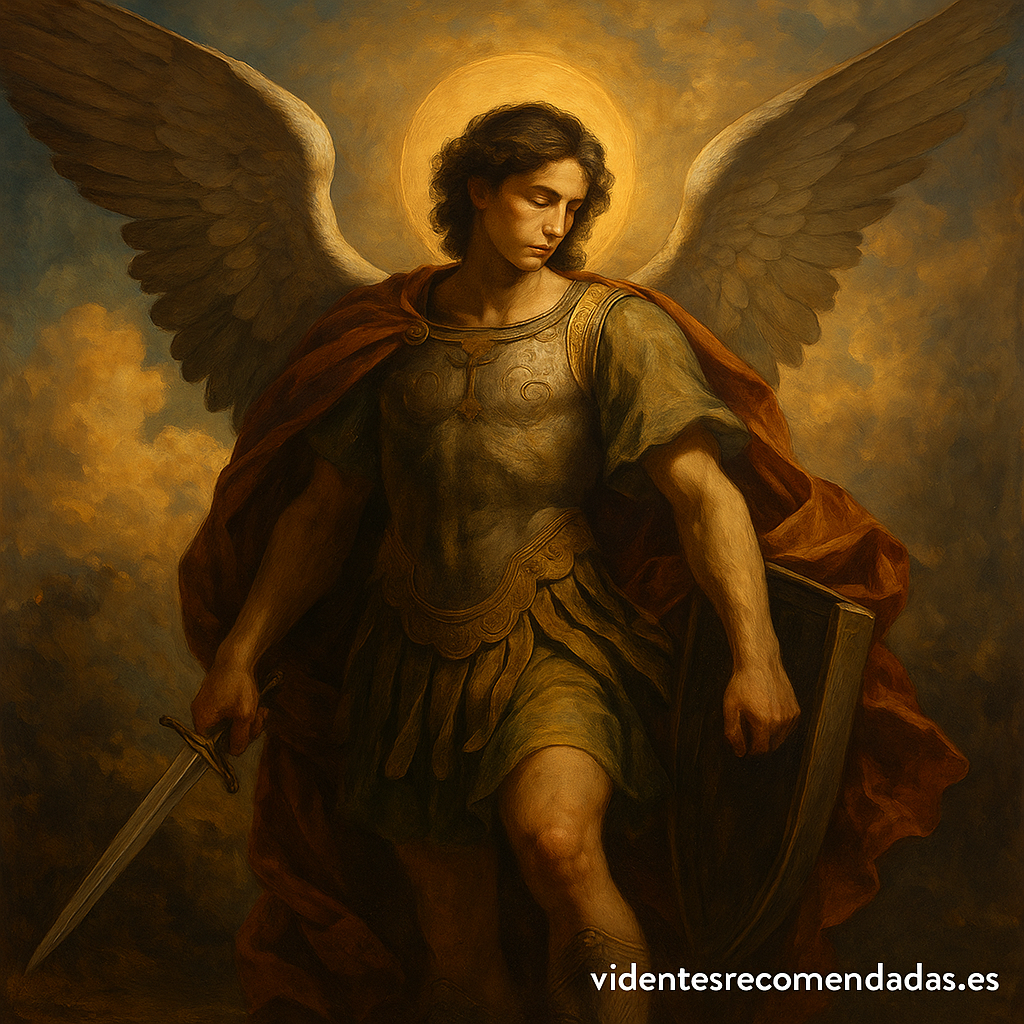 Representación artística realista de San Miguel Arcángel, símbolo de justicia divina y protección energética