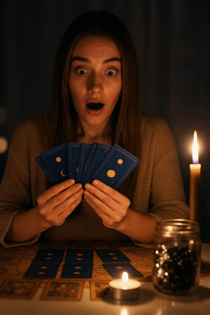 Mujer sorprendida leyendo cartas del tarot a la luz de las velas