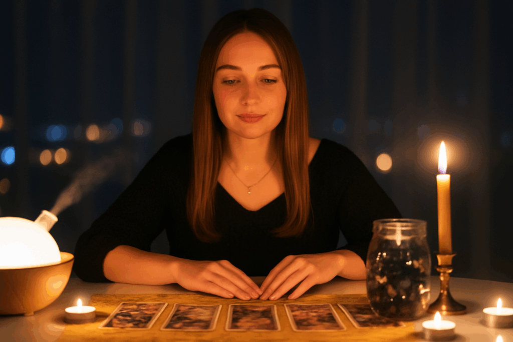 Vidente joven leyendo cartas del tarot con luz cálida y ambiente espiritual