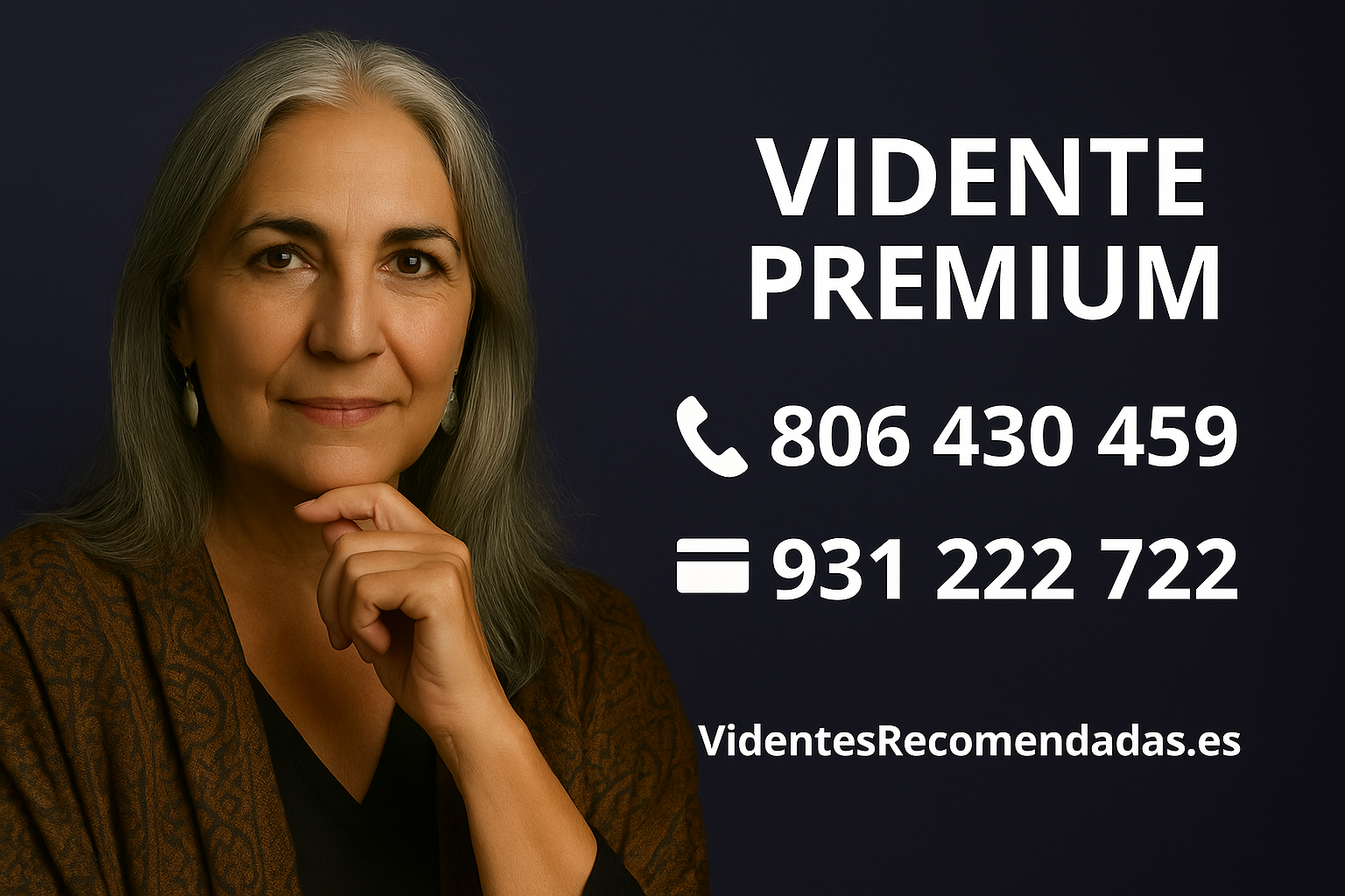 Vidente premium con expresión serena y contacto directo