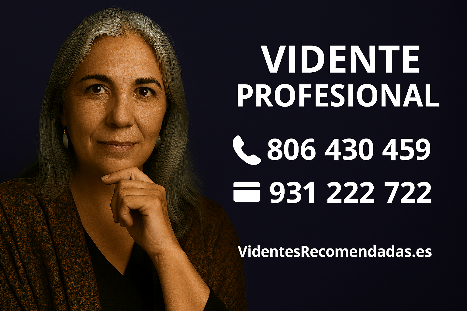 Vidente premium con expresión serena y contacto directo