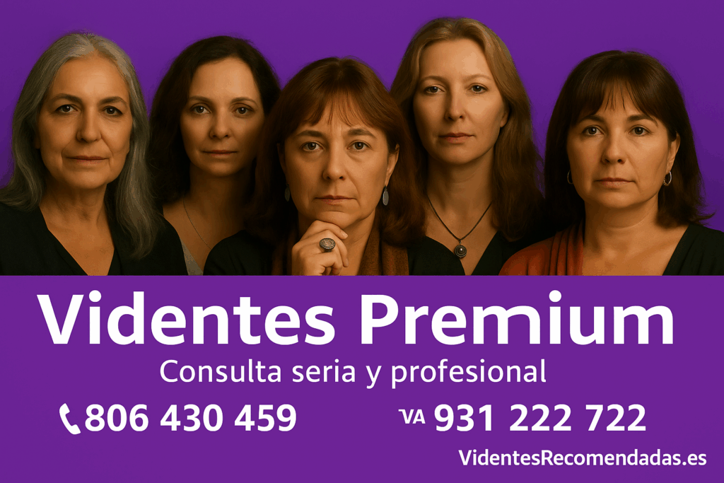 Cinco videntes premium reunidas con fondo púrpura y teléfonos de contacto