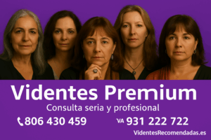 Cinco videntes premium reunidas con fondo púrpura y teléfonos de contacto