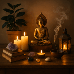 Fotografía inspiradora de un altar doméstico con objetos esotéricos y texto espiritual