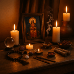 Imagen de un altar espiritual casero con velas, incienso, piedras y figura de ángel