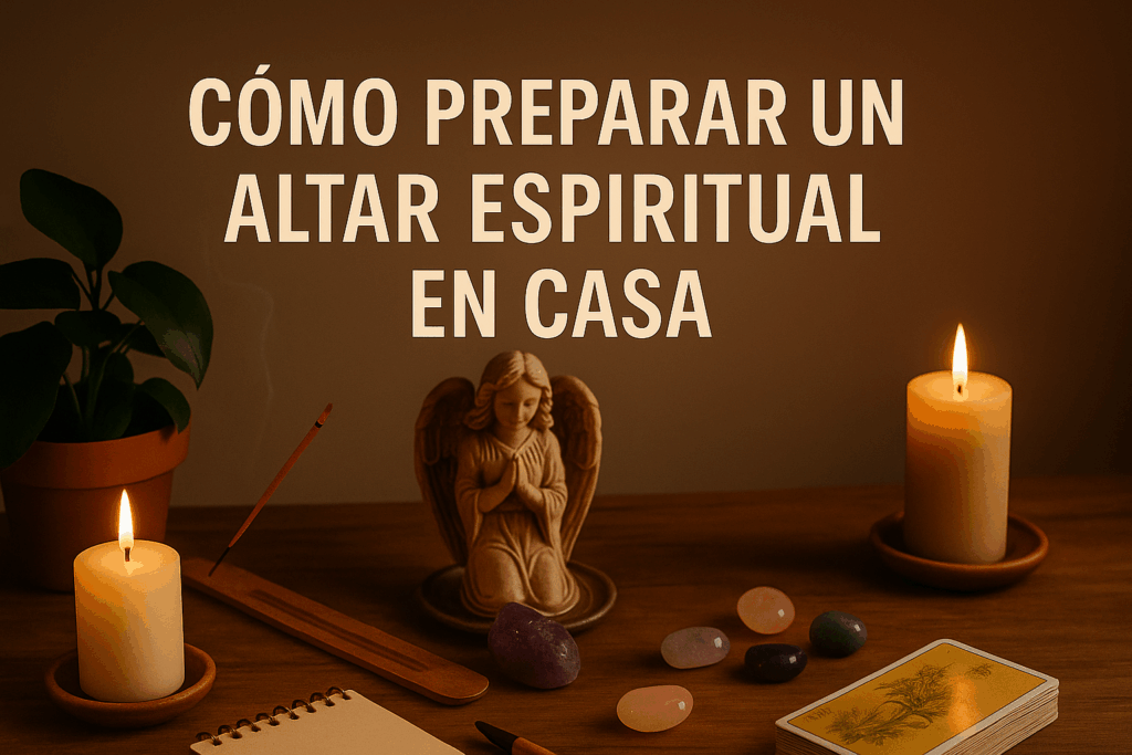 Fotografía realista de un altar espiritual en casa con velas, cristales y símbolos sagrados sobre una mesa rústica