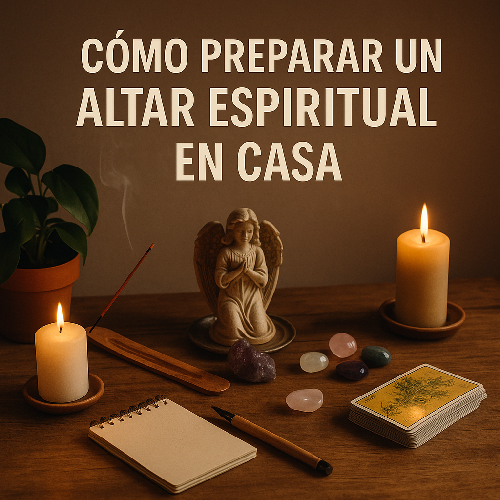 Fotografía realista de un altar espiritual en casa con velas, cristales y símbolos sagrados sobre una mesa rústica