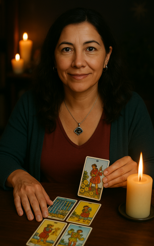 Marta señalando una carta del tarot con expresión enfocada y calma