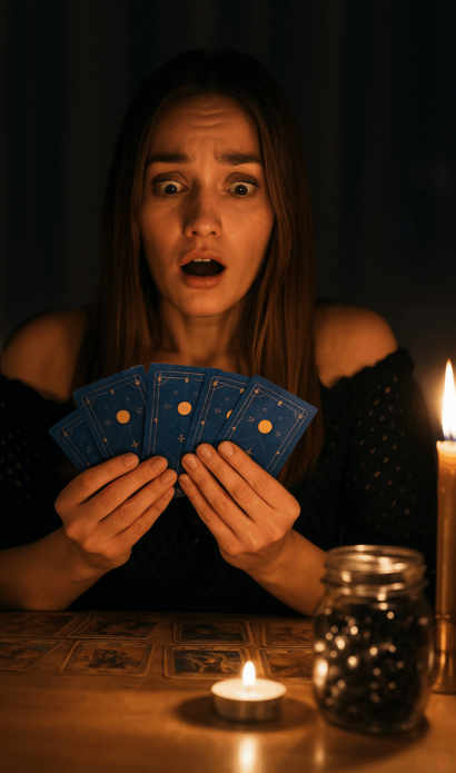 Nayra sorprendida leyendo cartas del tarot a la luz de las velas Impactante lectura de cartas del tarot por Nayra en sesión íntima