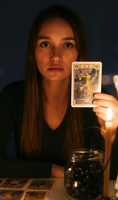 Significado revelador en carta de tarot durante lectura de Nayra Luna Nayra Luna mostrando una carta del tarot en plena tirada
