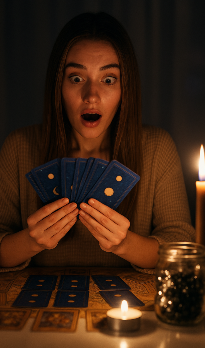 Mujer sorprendida leyendo cartas del tarot a la luz de las velas